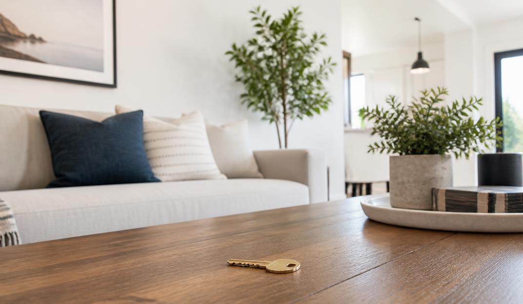 A modern home interior with a house key on a wooden table